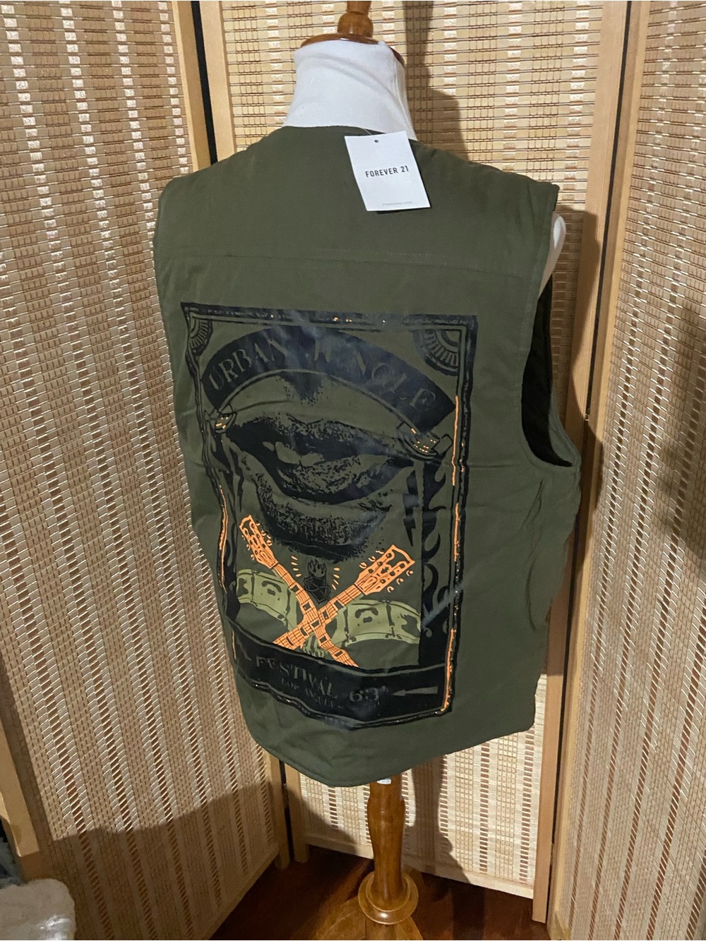 Forever 21 Olive Green Graphic Utility Vest with Black and Orange Back Print